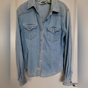 DKNY Denim Button Down Shirt, sz 10, laundered distressed blue